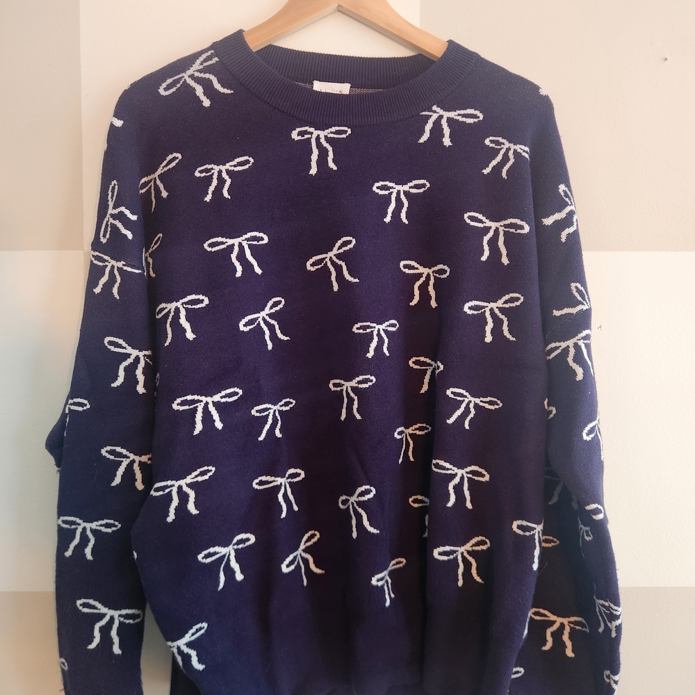 Women's Navy Sweater with White Bow Pattern